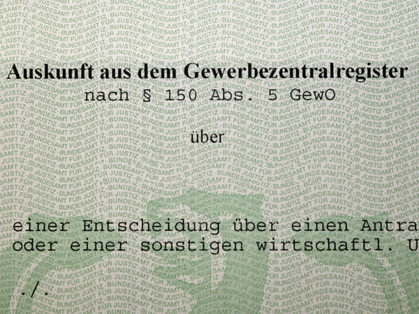 Ausschnitt aus einer Auskunft aus dem Gewerbezentralregister