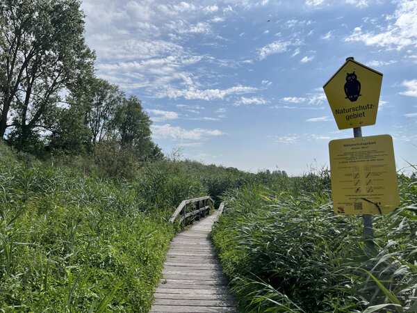 Holzbohlenweg mit Br�cke im Brenner Moor.
Vorne im Bild eine Infotafel zu dem Naturschutzgebiet