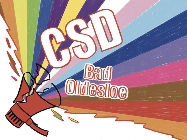 Logo des CSD Bad Oldesloe mit bunten Regenbogenfarben und Megaphon
