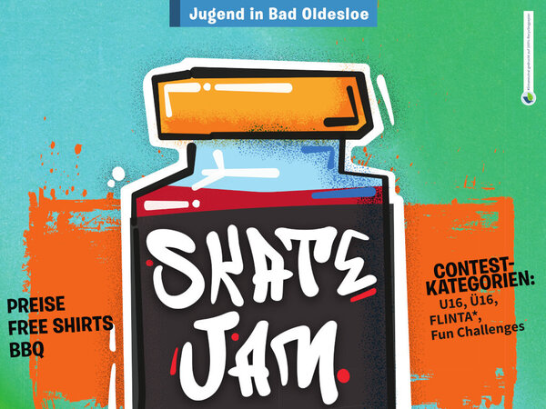 Plakat vom Skate-Jam in bad Oldesloe. "Contest-Kategorie: U16, �16, Flinta, Fun Challenge. Preise: Free Shirts BBQ