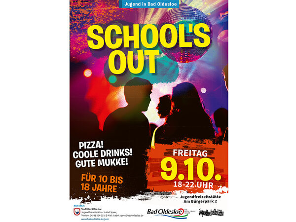 Plakat: School's Out Party am 9. Oktober 2026 in der Jugendfreizeitst&auml;tte