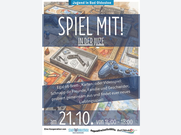 Plakat: Spiel mit! in der Juze am 21.Oktober 2026.